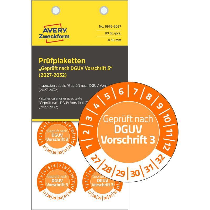 Avery időjárásálló öntapadó plakett Vinyl Geprüft nach DGUV Vorschrift 3 2027-2032 év Ø 30 mm - narancssárga