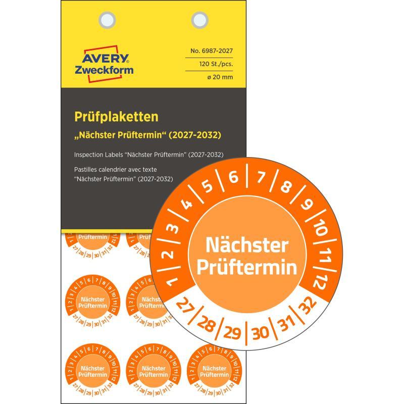 Avery időjárásálló öntapadó plakett Vinyl Nächster Prüftermin 2027-2032  Ø 20 mm - narancssárga