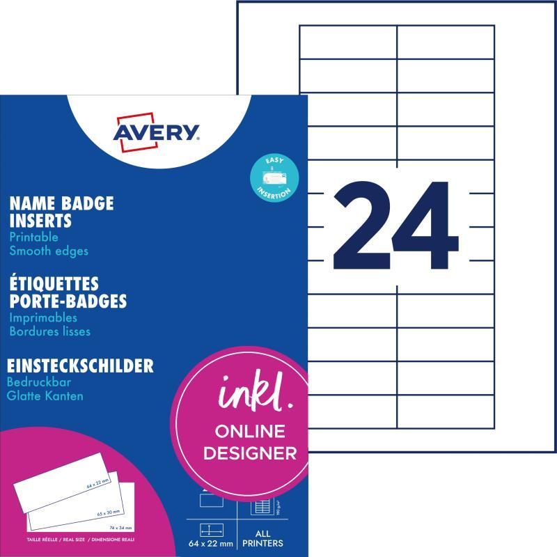 Avery névkitűző betétlap, 65 x 30 mm, 180 db - fehér