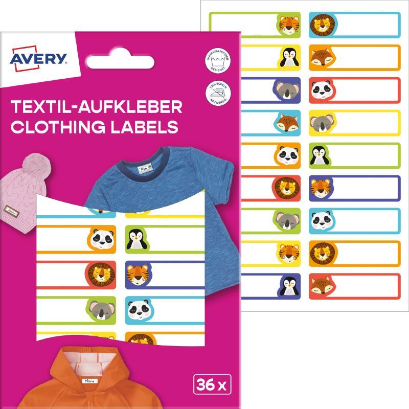 Avery ISKOLAI kézzel írható textil öntapadós 45 mm x 13 mm címkék – állatos, 36 címke/2 ív