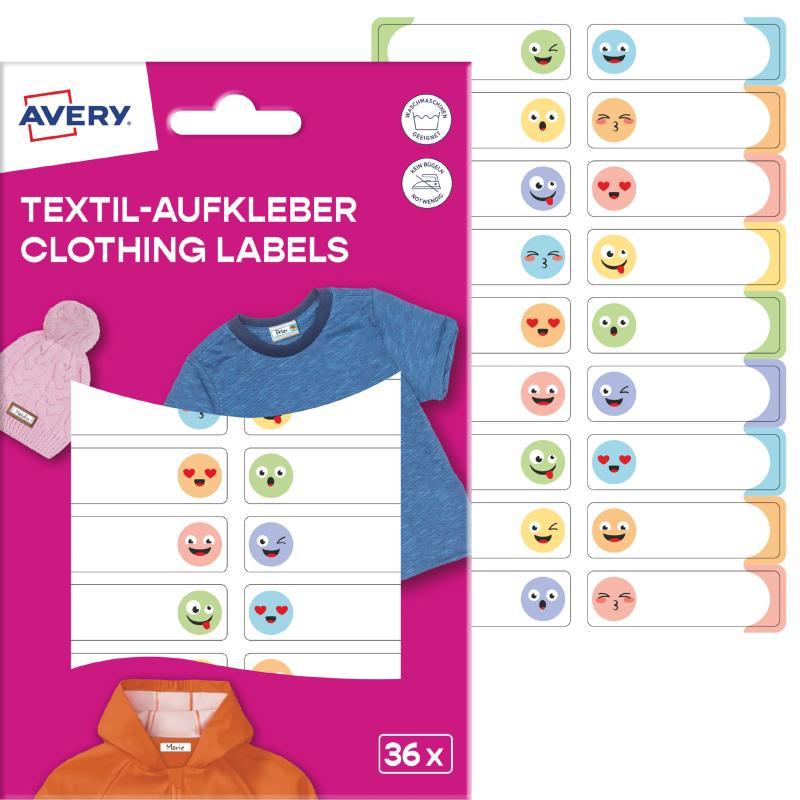 Avery ISKOLAI kézzel írható textil öntapadós címkék – vicces arcok 36 címke