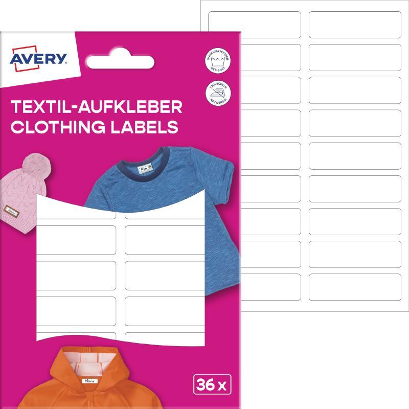 Avery ISKOLAI kézzel írható textil öntapadós 45 mm x 13 mm címkék – fehér, 36 címke/2 ív