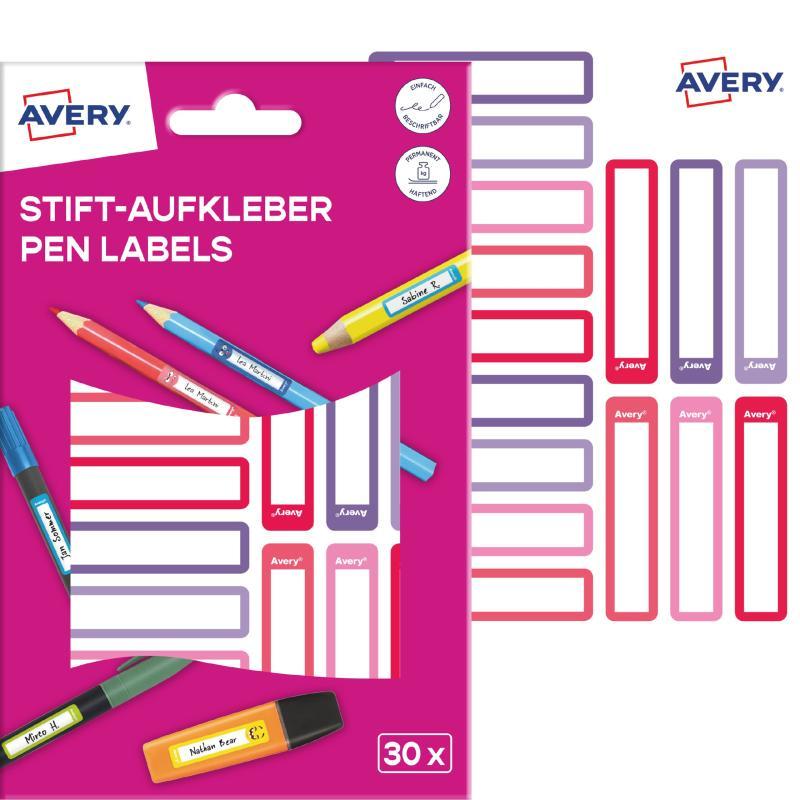Avery ISKOLAI kézzel írható öntapadós tollcímke – rózsaszín/lila, 30 címke