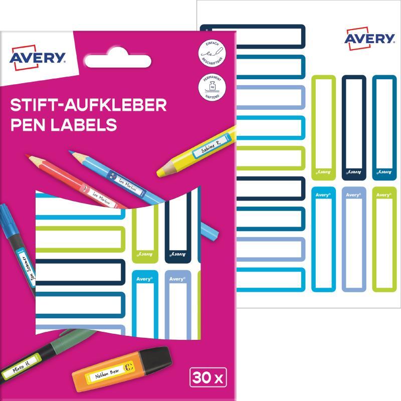 Avery ISKOLAI kézzel írható öntapadós papír 50 mm x 10 mm tollcímke – kék/zöld, 30 címke/2 ív