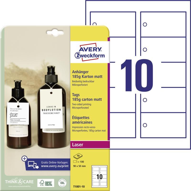 Avery függő címke karton, mikroperforált 185g 90x50mm 10 lap