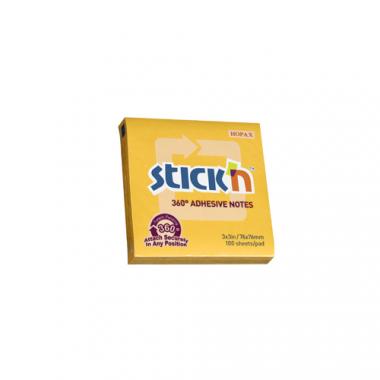 Stick'n öntapadó jegyzettömb 360°-ban tapadó 76x76 mm, 100 lap - narancssárga