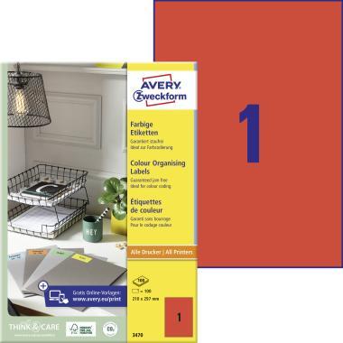 Avery univerzális címke - piros 210 x 297 mm 100 ív