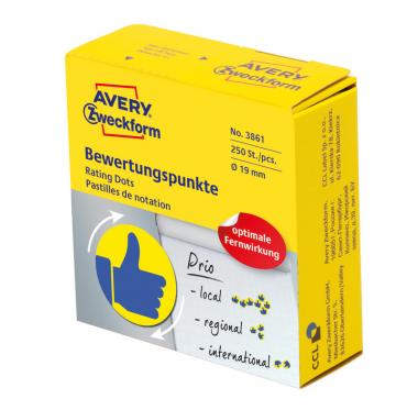 Avery öntapadó jutalmazó címke - kék lájk sárga alapon,  19mm