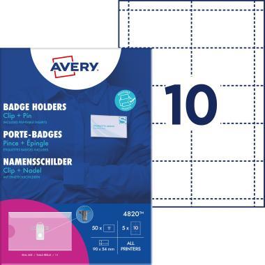 Avery névkitűző szett csíptetővel és tűvel, 54 × 90 mm, 50 db - fehér
