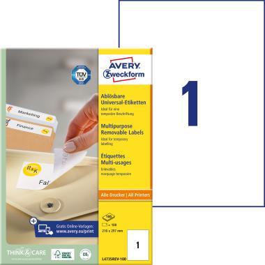 Avery univerzális visszaszedhető címke - fehér 210x297 mm 100 ív