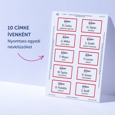 Avery öntapadó névcímke acetátselyem, 80 × 50 mm, 200 db - fehér piros kerettel