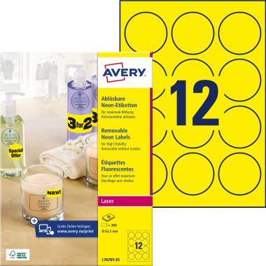 Avery visszaszedhető neonsárga címke Ø 63,5 mm átmérőjű