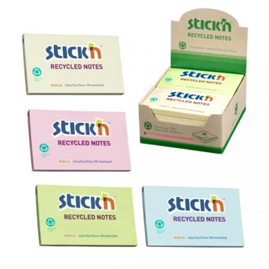 Stick'n öntapadó jegyzettömb újrahasznosított 78x127 mm, 12x100 lap - pasztell színek