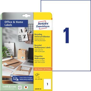 Avery univerzális újrahasznosított címke 210 x 297 mm - fehér 10 ív