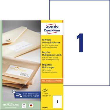 Avery univerzális újrahasznosított címke 210 x 297 mm - fehér 100 ív
