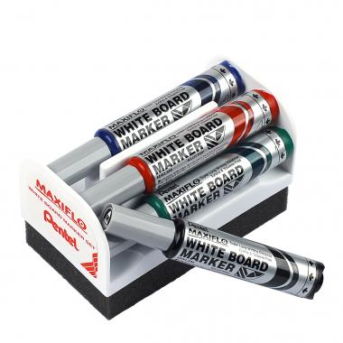 Pentel táblamarker kerek hegyű Maxiflo 2,5 mm 4 szín + törlőszivacs szett - fekete, piros, kék, zöld