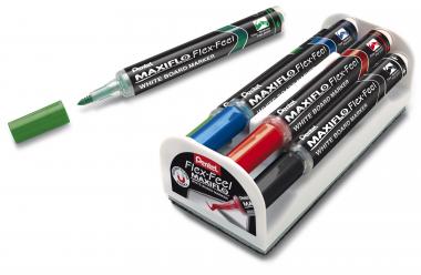 Pentel táblamarker hajlékony hegyű Maxiflo FlexF 1-5 mm 4 szín + törlőszivacs szett - fekete, piros, kék, zöld