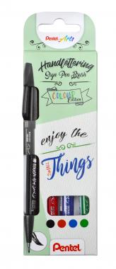 Pentel ecsettoll kalligrafikus hajlékony hegyű Brush Sign Pen 4 db-os - fekete, piros, kék, zöld
