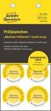 Avery eltávolíthatatlan öntapadó plakett Nächster Prüftermin 2018-2023 Ø 30 mm - citromsárga