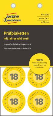 Avery eltávolíthatatlan öntapadó plakett 2018 év-hónapokkal Ø 30 mm - citromsárga