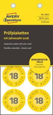 Avery eltávolíthatatlan öntapadó plakett 2018 év-hónapokkal Ø 30 mm - citromsárga
