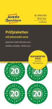 Avery eltávolíthatatlan öntapadó plakett 2020 év-hónapokkal Ø 30 mm - zöld