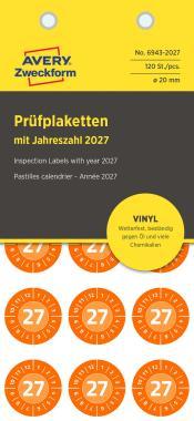 Avery időjárásálló öntapadó plakett Vinyl 2027 év-hónapokkal Ø 20 mm - narancssárga