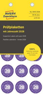 Avery időjárásálló öntapadó plakett Vinyl 2028 év-hónapokkal Ø 20 mm - lila