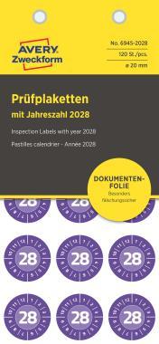 Avery eltávolíthatatlan öntapadó plakett 2028 év-hónapokkal Ø 20 mm - lila