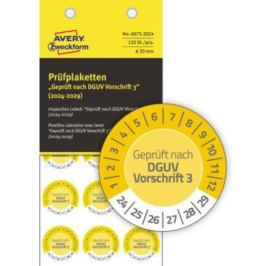 Avery időjárásálló öntapadó plakett Vinyl Geprüft nach DGUV Vorschrift 3 2024-2029 év Ø 20 mm - sárga