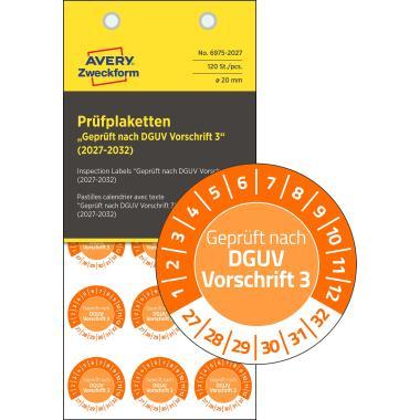 Avery időjárásálló öntapadó plakett Vinyl Geprüft nach DGUV Vorschrift 3 2027-2033 év Ø 20 mm - narancssárga