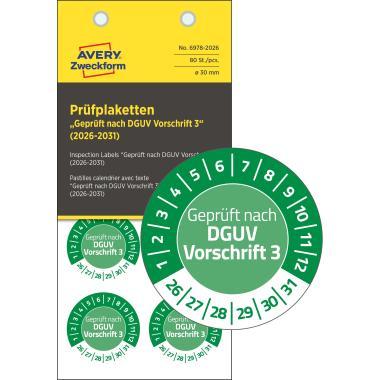Avery eltávolíthatatlan öntapadó plakett Geprüft nach DGUV Vorschrift 3 2026-2031 év Ø 30 mm - zöld