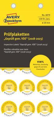 Avery időjárásálló öntapadó plakett Geprüft gem. VDE 2018-2023 év Ø 20 mm - sárga