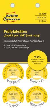 Avery időjárásálló öntapadó plakett Geprüft gem. VDE 2018-2023 év Ø 30 mm - sárga