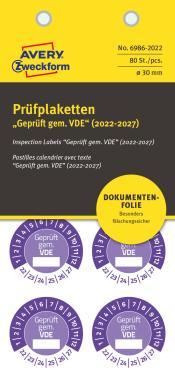 Avery eltávolíthatatlan öntapadó plakett Geprüft gem. VDE 2023-2028 év Ø 30 mm - lila