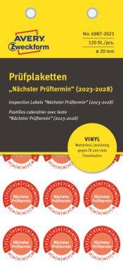 Avery időjárásálló öntapadó plakett Vinyl Nächster Prüftermin 2023-2028 Ø 20 mm - piros