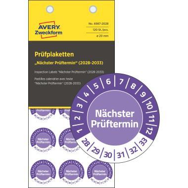Avery időjárásálló öntapadó plakett Vinyl Nächster Prüftermin 2028-2033  Ø 20 mm - lila