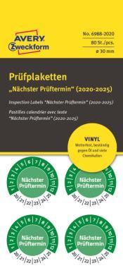 Avery időjárásálló öntapadó plakett Nächster Prüftermin 2020-2025 Ø 30 mm - zöld