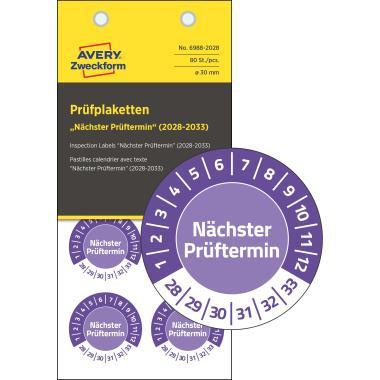 Avery időjárásálló öntapadó plakett Vinyl Nächster Prüftermin 2028-2033  Ø 30 mm - lila