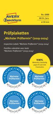 Avery időjárásálló öntapadó plakett Nächster Prüftermin 2019-2024 30 mm - kék