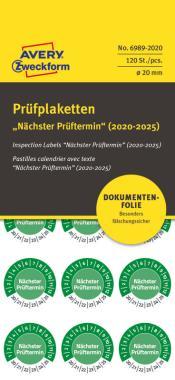 Avery eltávolíthatatlan öntapadó plakett Nächster Prüftermin 2020-2025 Ø 20 mm - zöld