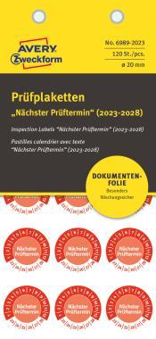 Avery eltávolíthatatlan öntapadó plakett Nächster Prüftermin 2023-2028 Ø 20 mm - piros
