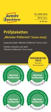 Avery eltávolíthatatlan öntapadó plakett Nächster Prüftermin 2020-2025 Ø 30 mm - zöld