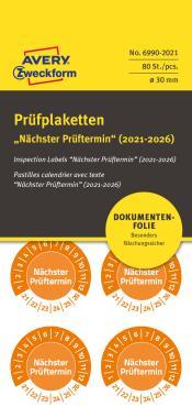 Avery eltávolíthatatlan öntapadó plakett Nächster Prüftermin 2021-2026 Ø 30 mm - narancssárga