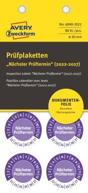 Avery eltávolíthatatlan öntapadó plakett Nächster Prüftermin 2022-2027 Ø 30 mm - lila