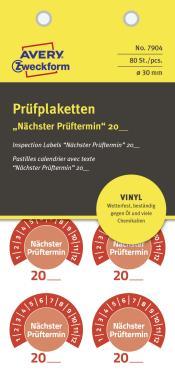 Avery plakett - következő dátum felirattal 20XX Vinyl Ø 30 mm - piros