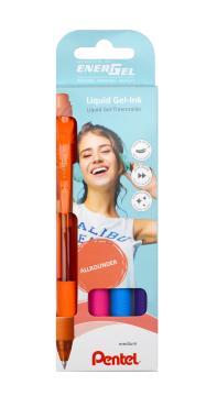 Pentel zselés rollertoll nyomógombos EnerGelX 0,7 mm 4 db-os szett - narancssárga, pink, világoskék, lila