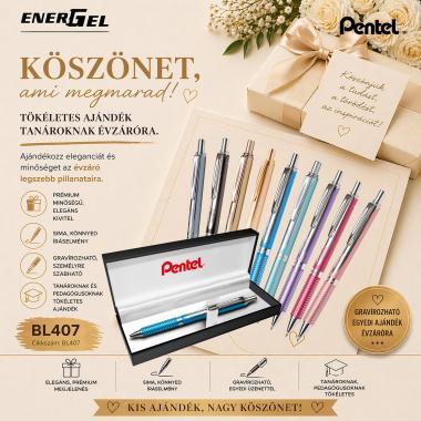 Pentel EnerGel prémium fém nyomógombos rollertoll 0,35 mm ezüst – fekete tintával + ajándék kék tollbetéttel