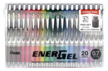 Pentel zselés rollertoll nyomógombos EnerGel 0,7 mm 20 db-os szett, 20 szín x 1 db