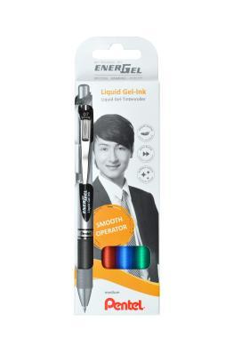 Pentel zselés rollertoll nyomógombos EnerGel 0,7 mm 4 db-os szett - fekete, kék, piros, zöld